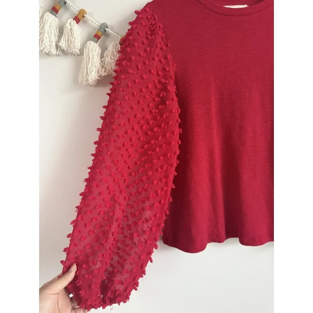 Anthropologie Maeve Textured Slub Cotton Puff Sleeve Top Red Boho Relaxed Fit XS